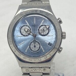 Swatch Irony Chronograph Watch Men 40mm Silver Tone Wheeling Blue New Battery